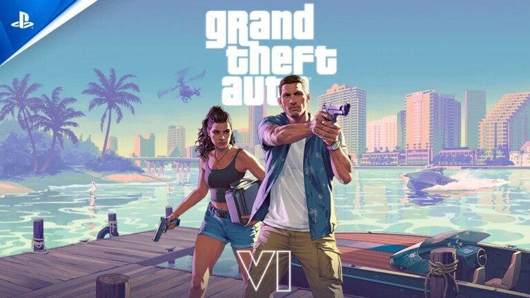 I due protagonisti di Grand Theft Auto VI su un molo con lo skyline di Vice City sullo sfondo.