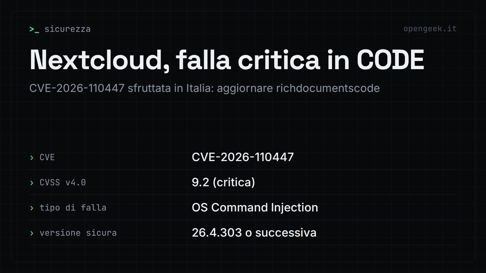 Nextcloud, falla critica in CODE: CVE-2026-110447 sfruttata in Italia: aggiornare richdocumentscode