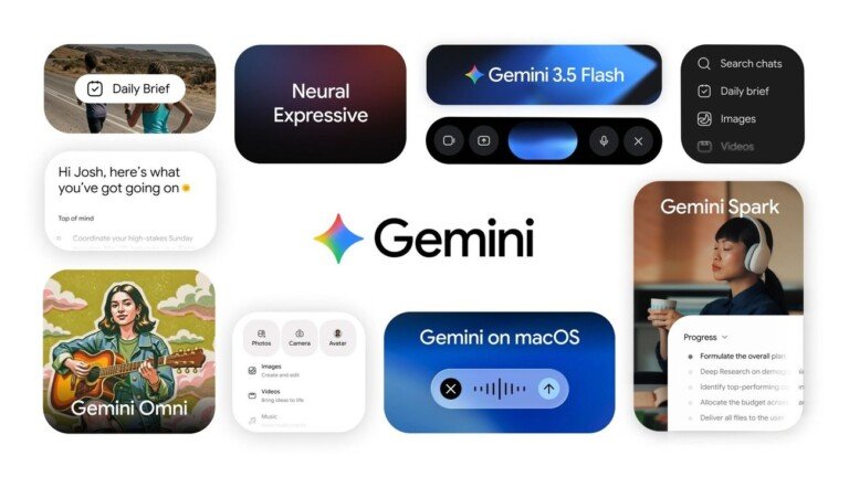 Logo di Google Gemini circondato da varie schede con elementi d'interfaccia e funzionalità dell'app.