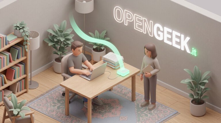 Illustrazione 3D di un uomo al computer collegato da un flusso luminoso a una pila di documenti.