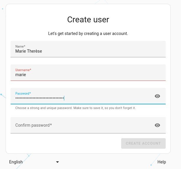 Interfaccia di configurazione utente in Home Assistant con campi nome, username e password.