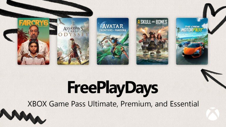 Banner promozionale Free Play Days con le copertine dei cinque giochi Ubisoft in prova su Xbox