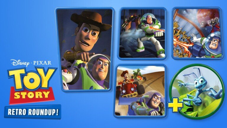Logo di Toy Story: Retro Roundup e riquadri dei giochi classici su sfondo azzurro.