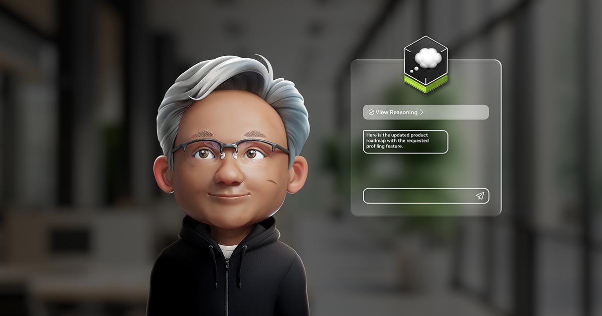 Avatar 3D del CEO di NVIDIA Jensen Huang accanto a un'interfaccia grafica di ragionamento AI.