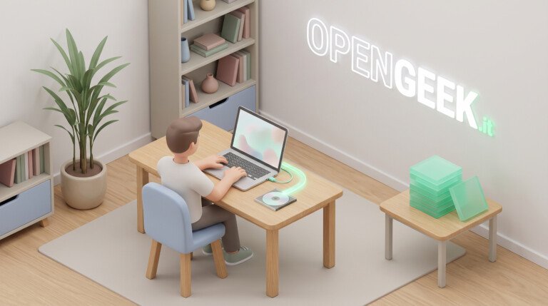 Illustrazione 3D di un utente al laptop collegato a un lettore di dischi in uno studio.