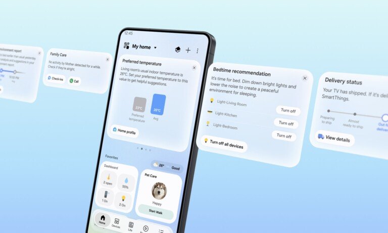 Rendering di uno smartphone che mostra la nuova interfaccia e le card di Samsung SmartThings.