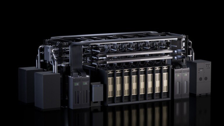 Rendering del rack di calcolo NVIDIA Vera Rubin NVL72 con raffreddamento a liquido.