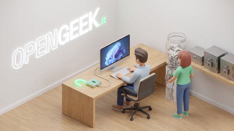Illustrazione 3D di un ufficio con persone, un computer e vari lucchetti.