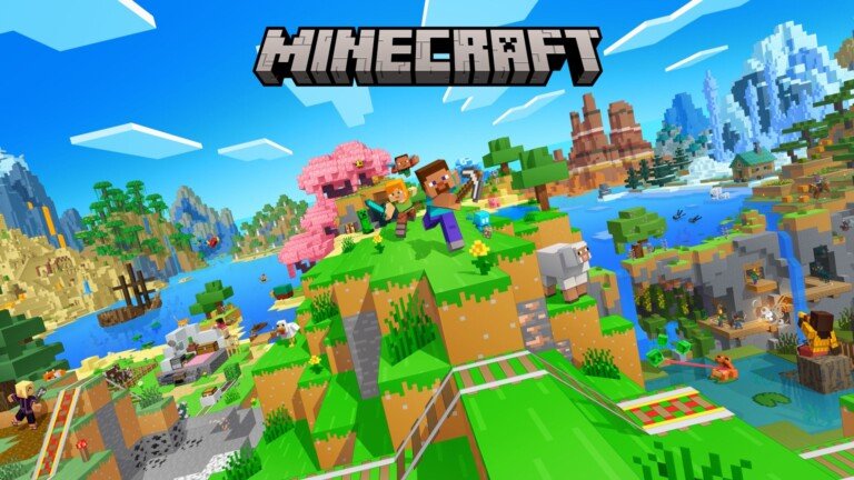 Grafica ufficiale di Minecraft con logo e vari scenari del gioco in alta risoluzione