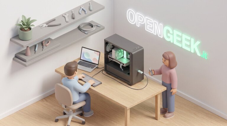 Illustrazione 3D di persone che lavorano su un computer fisso e un laptop con una chiavetta USB.