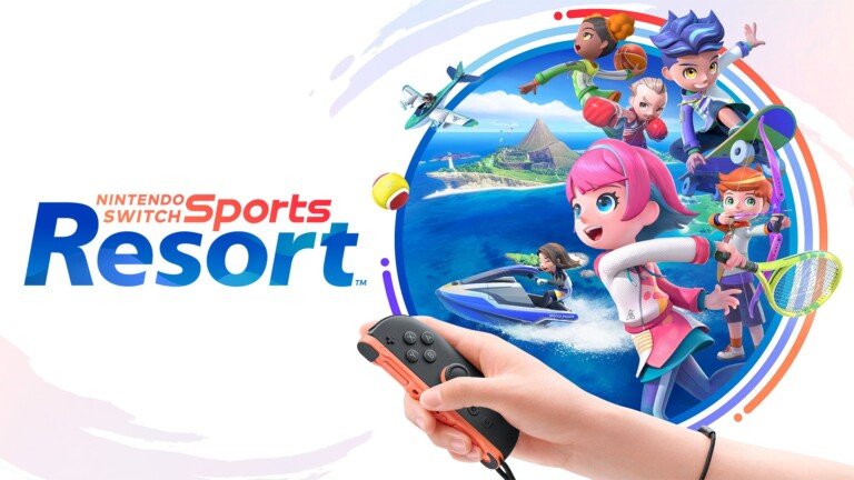 Logo di Nintendo Switch Sports Resort con personaggi che praticano vari sport e una mano con un Joy-Con.