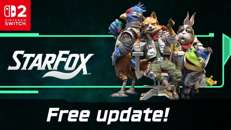 I personaggi di Star Fox su fondo scuro con il logo di Nintendo Switch 2 e la scritta Free update.