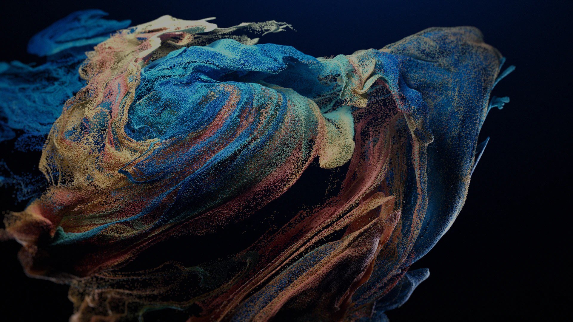Rendering 3D astratto di una simulazione fluidodinamica e di particelle colorate.