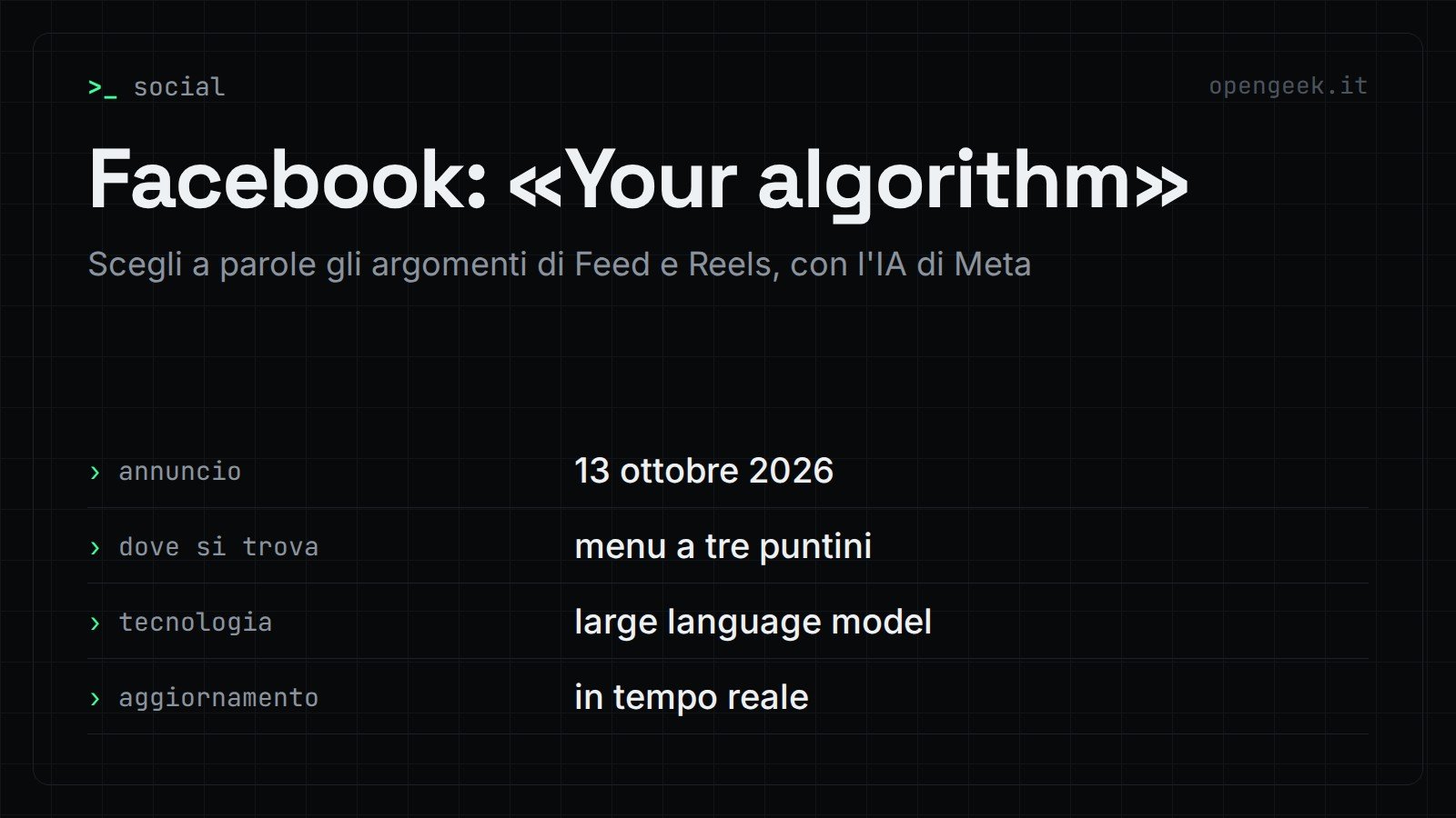 Facebook: «Your algorithm»: Scegli a parole gli argomenti di Feed e Reels, con l'IA di Meta