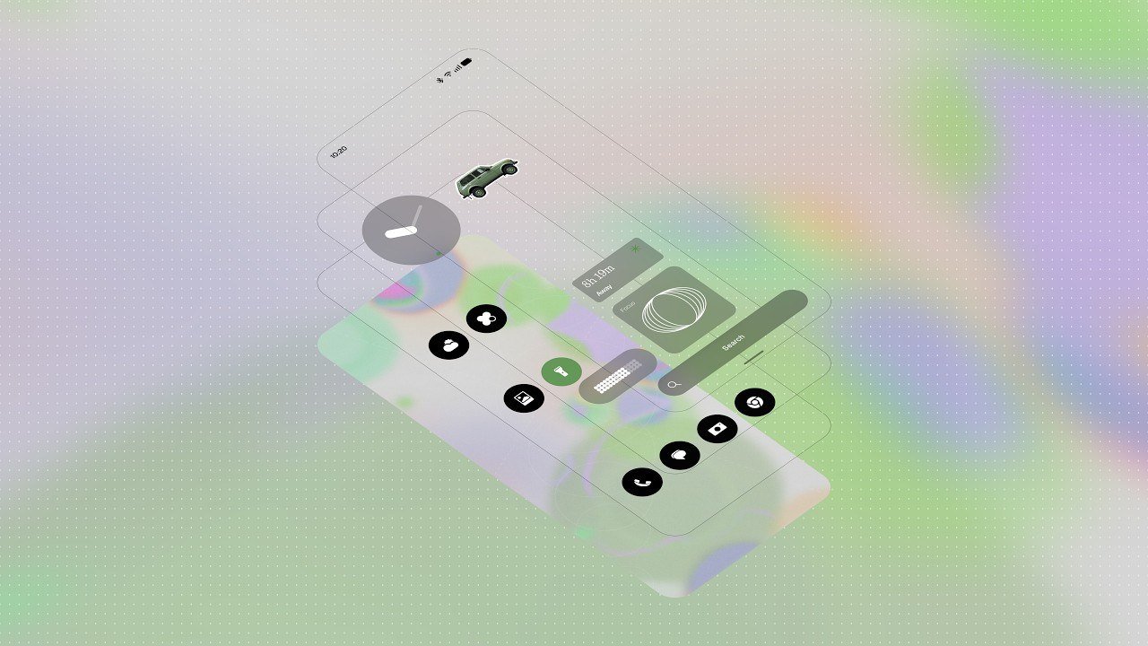 Rendering multilivello dell'interfaccia di Nothing OS con widget e icone su sfondo sfumato.
