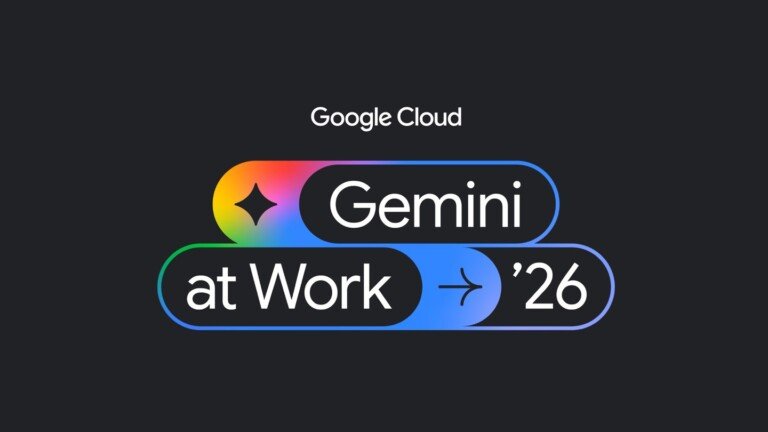 Logo di Google Cloud Gemini at Work su sfondo scuro con elementi grafici colorati.