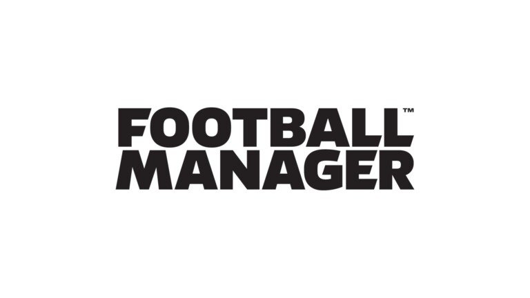 Logo nero della serie di videogiochi Football Manager su sfondo bianco.