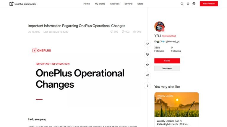 Schermata della community OnePlus con il post ufficiale sui cambiamenti operativi aziendali.
