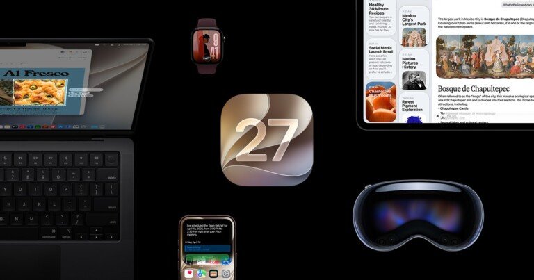 Grafica ufficiale Apple con il numero 27 circondato da iPhone, iPad, Mac, Apple Watch e Vision Pro.