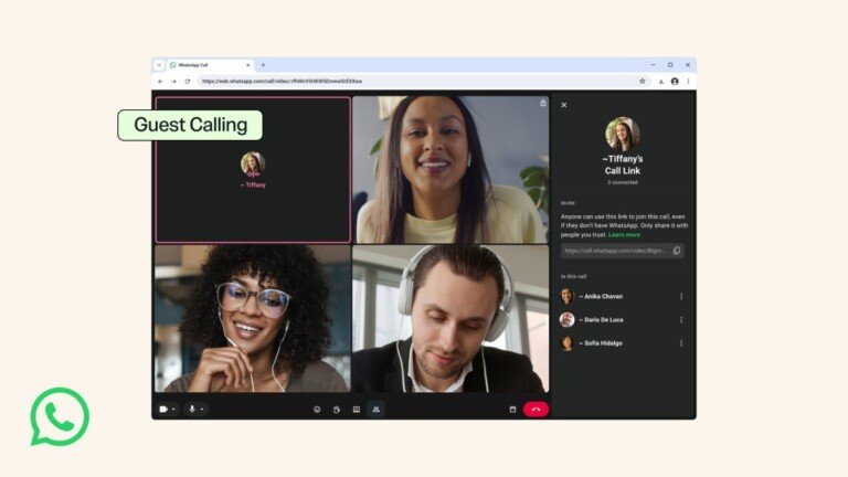Interfaccia di una chiamata di gruppo WhatsApp da browser con la scritta Guest Calling e logo WhatsApp.