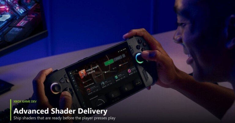 Console portatile con schermata di gioco e testo Advanced Shader Delivery.