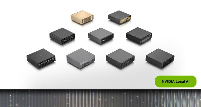 Vari mini PC compatti dei partner NVIDIA disposti a semicerchio su sfondo bianco.