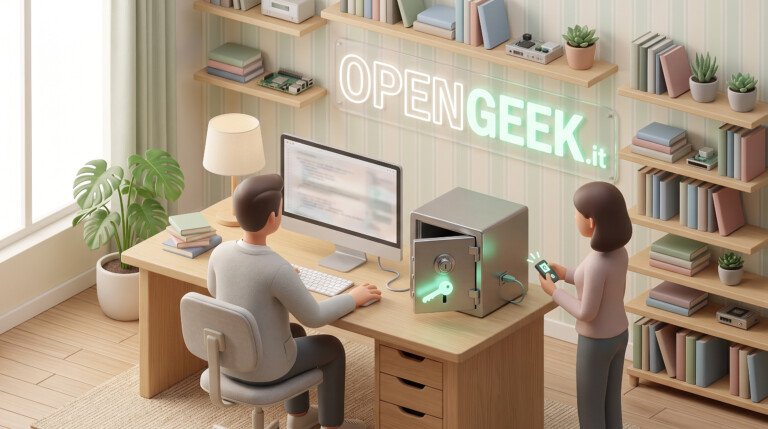 Illustrazione 3D di due persone alle prese con una cassaforte da tavolo e un computer in un ufficio.