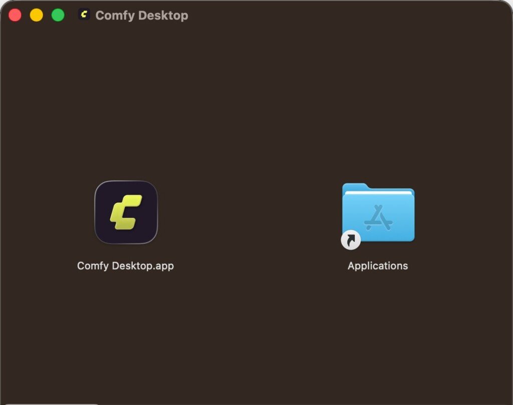 Finestra di macOS che mostra l'icona di Comfy Desktop mentre viene trascinata nella cartella Applications.