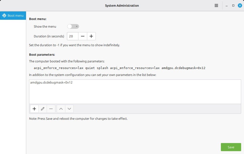 Schermata della finestra System Administration per la configurazione del menu di boot.