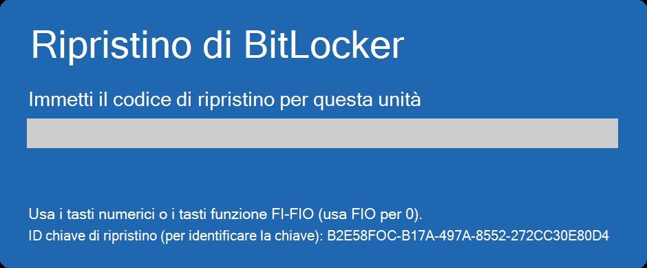Schermata blu di ripristino di BitLocker con campo di inserimento del codice e ID della chiave.