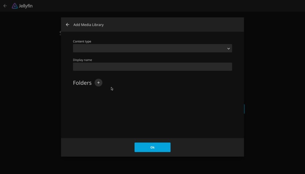 Menu di Jellyfin per configurare il tipo di contenuto e aggiungere la cartella con i media.