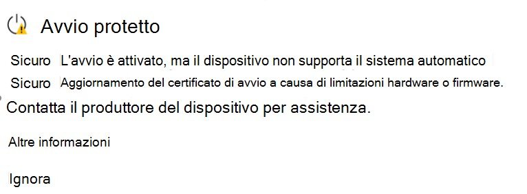 Messaggio di errore in Avvio protetto che invita a contattare il produttore del dispositivo.