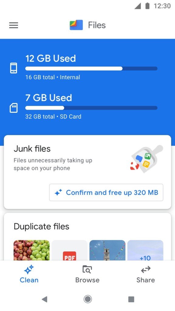 Schermata di Files by Google con i dettagli dello spazio utilizzato sulla memoria interna e SD.