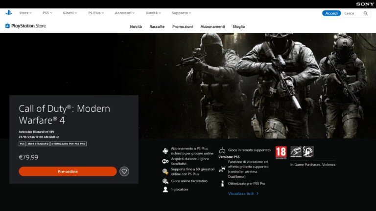 Pagina del PlayStation Store di Call of Duty: Modern Warfare 4 con soldati in combattimento e prezzo di pre-ordine