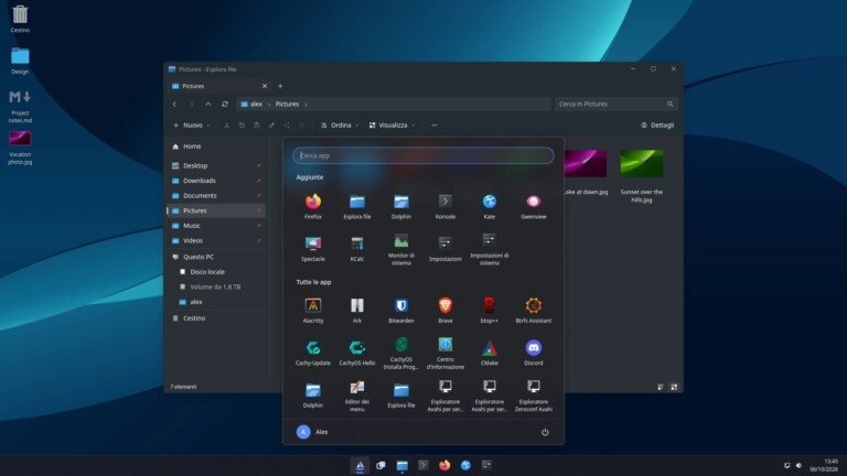 Schermata del desktop Linux Vela in tema scuro con menu app aperto.
