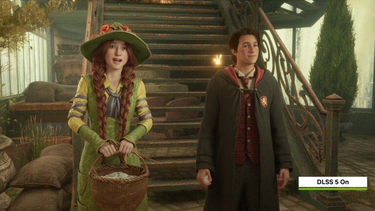 Personaggi di Hogwarts Legacy nella serra con il badge DLSS 5 On.