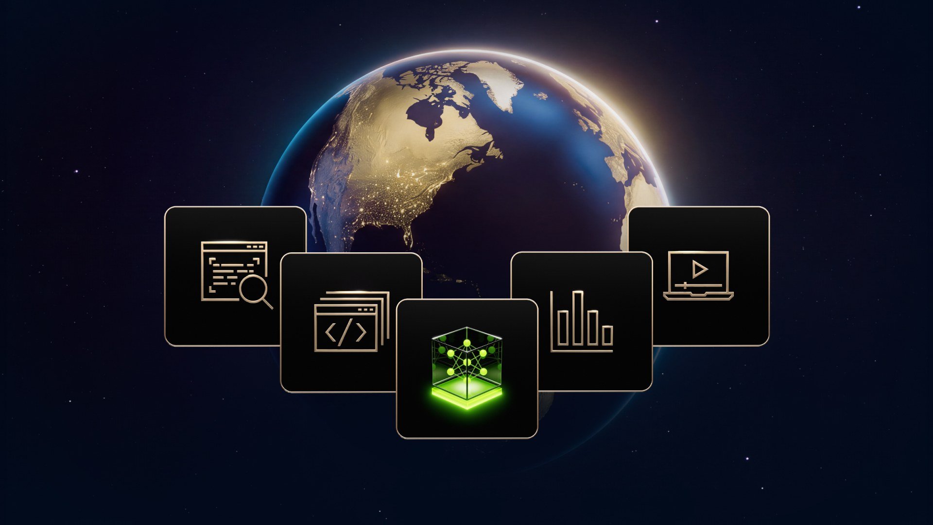 Pianeta Terra sullo sfondo con cinque icone su tessere nere relative all'intelligenza artificiale.