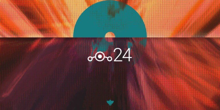 Grafica ufficiale di LineageOS 24 con logo su sfondo astratto.