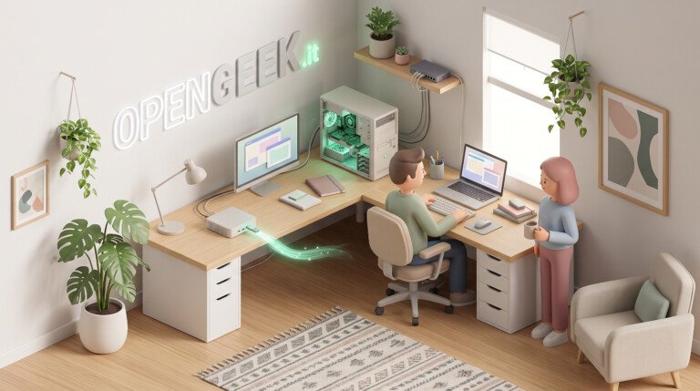 Illustrazione 3D di una postazione di lavoro con un mini PC connesso a una chiavetta USB.