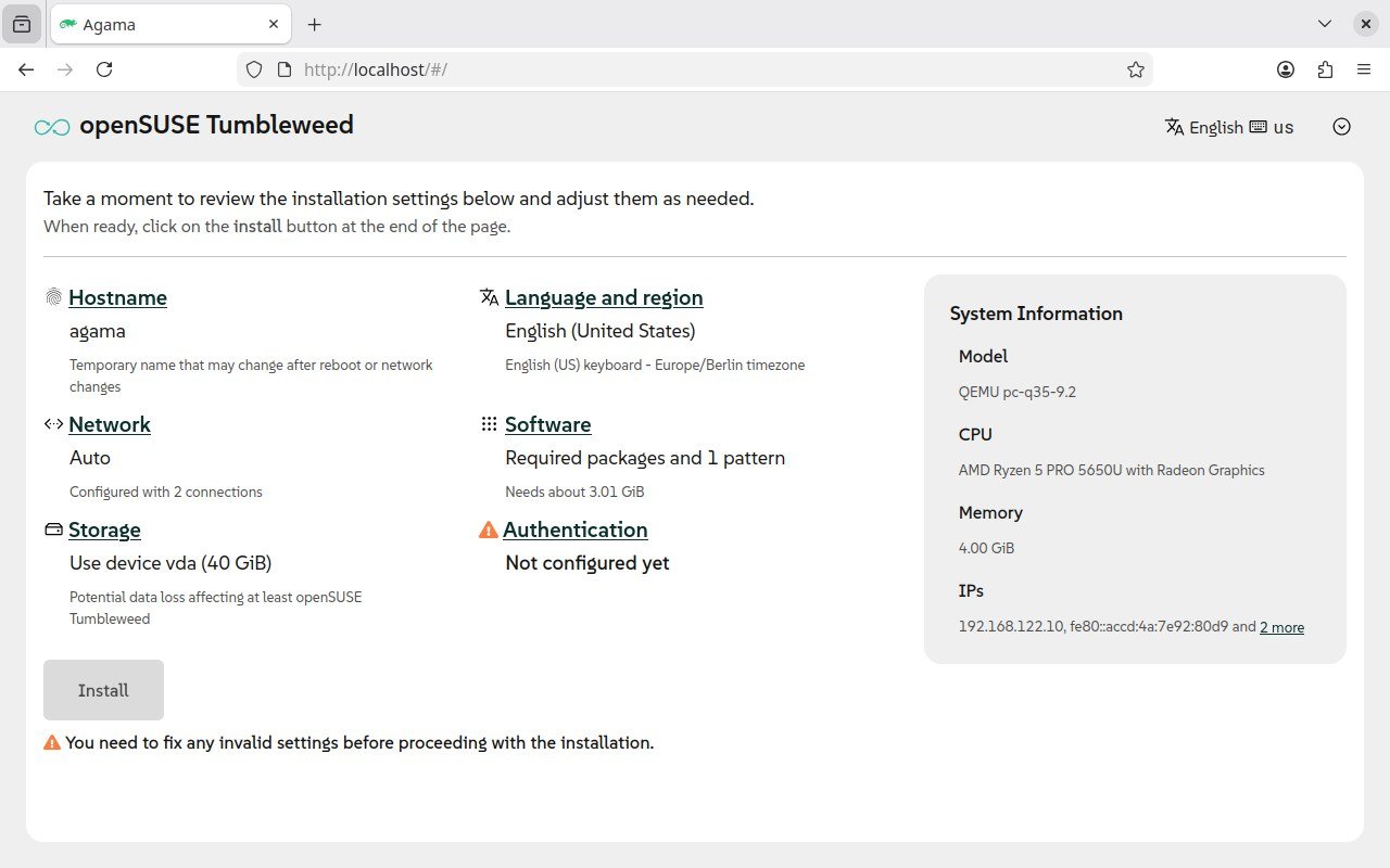 Schermata principale di configurazione dell'installer web Agama per openSUSE.