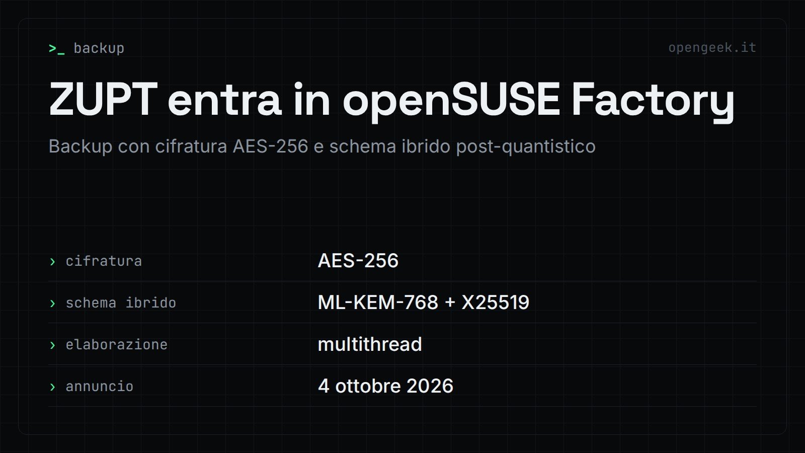 ZUPT entra in openSUSE Factory: Backup con cifratura AES-256 e schema ibrido post-quantistico
