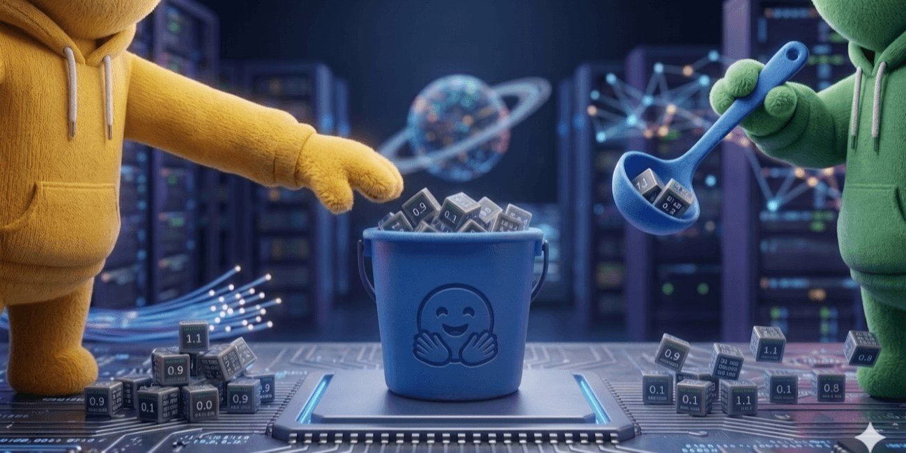 Rendering 3D con secchiello di Hugging Face contenente dadi con numeri in un data center