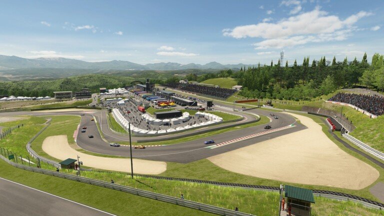 Veduta aerea del circuito Sportsland SUGO ricreato in Gran Turismo 7