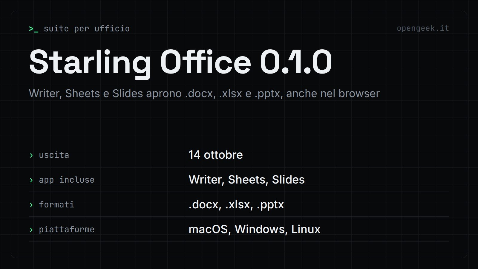 Starling Office 0.1.0: Writer, Sheets e Slides aprono .docx, .xlsx e .pptx, anche nel browser