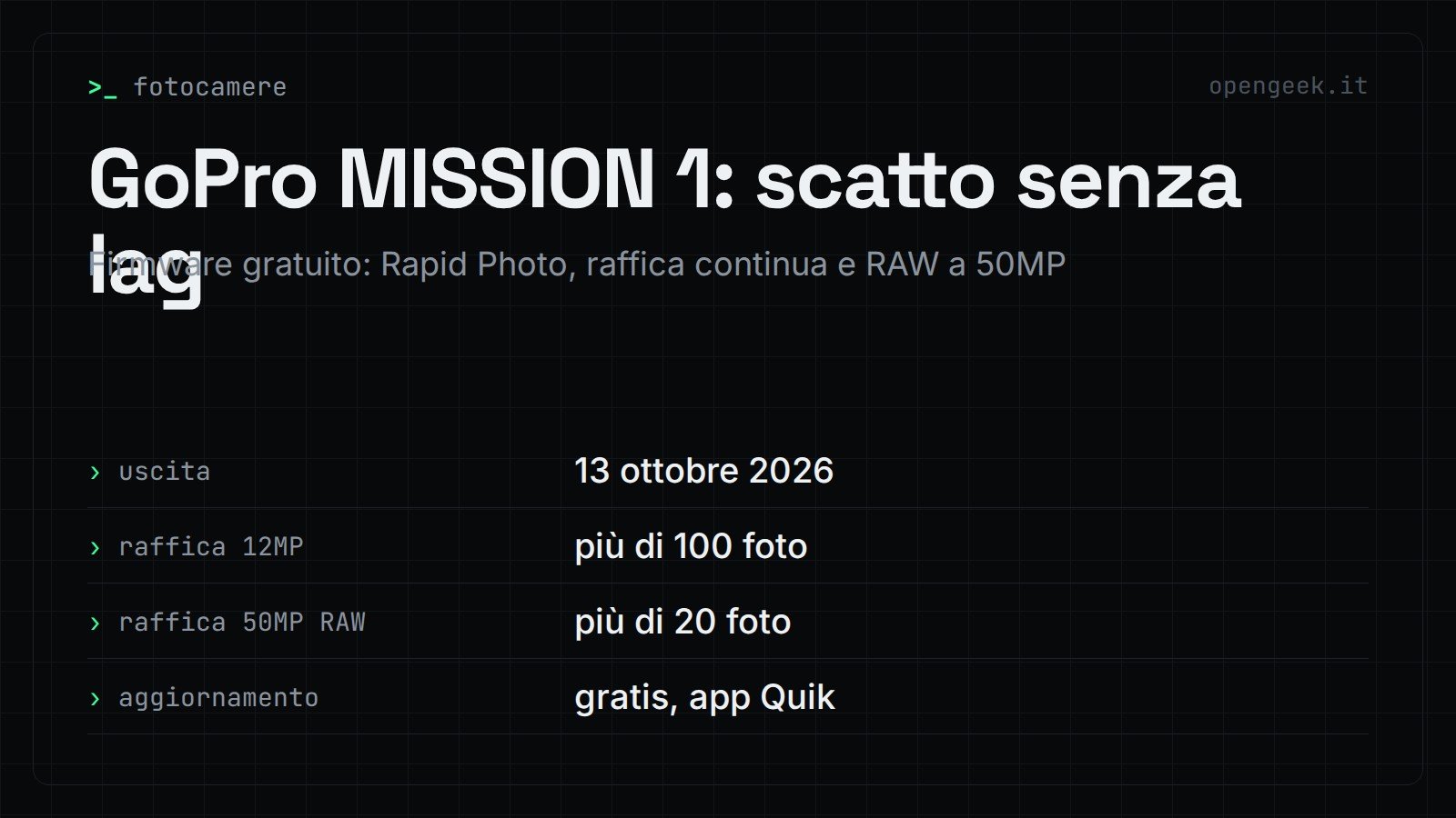 GoPro MISSION 1: scatto senza lag: Firmware gratuito: Rapid Photo, raffica continua e RAW a 50MP