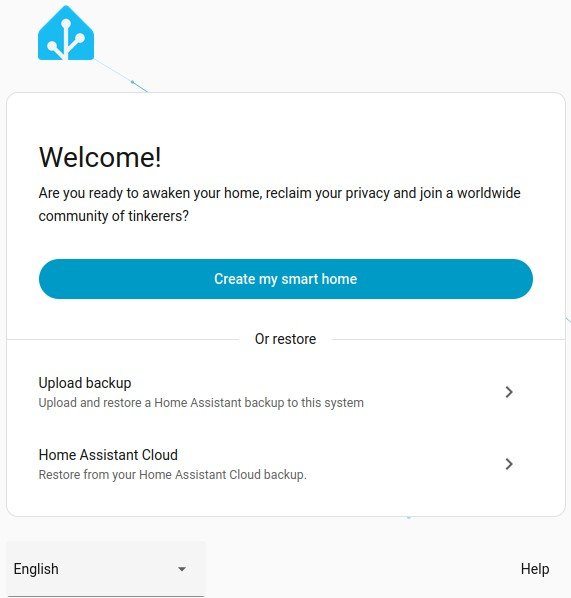 Schermata iniziale di benvenuto di Home Assistant con pulsante per creare una nuova casa intelligente.