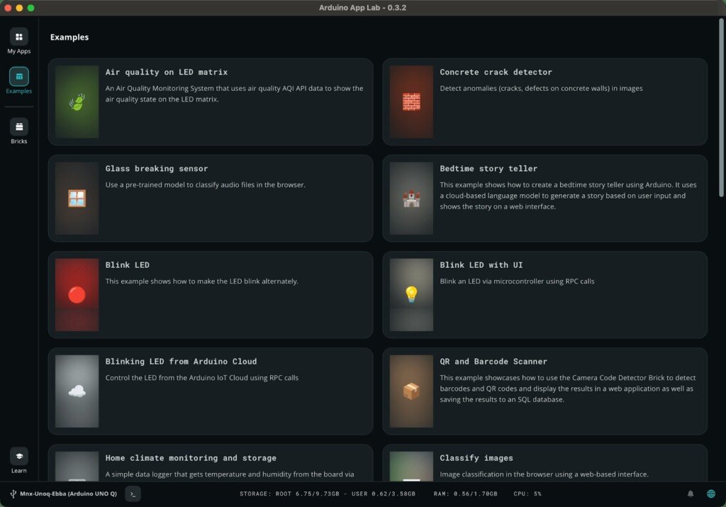 Schermata di Arduino App Lab che mostra la griglia degli esempi, tra cui l'app Blink LED.