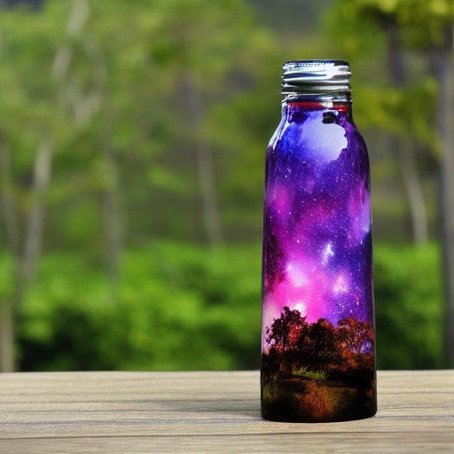 Immagine generata da IA che mostra una borraccia decorata con nebulose viola e fucsia poggiata su un tavolo.