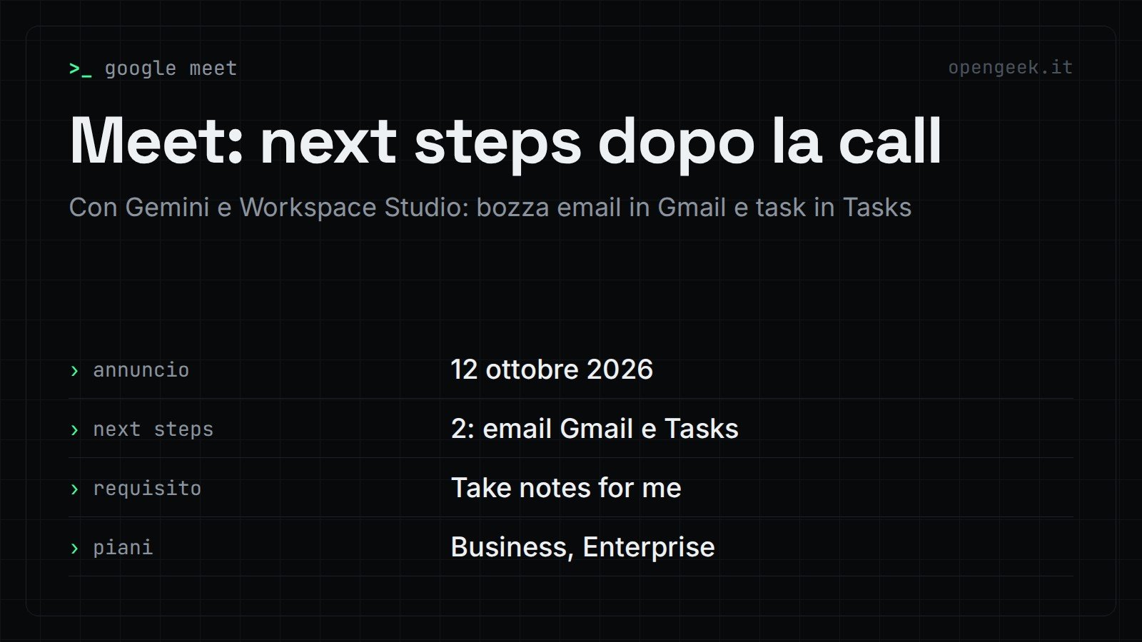 Meet: next steps dopo la call: Con Gemini e Workspace Studio: bozza email in Gmail e task in Tasks