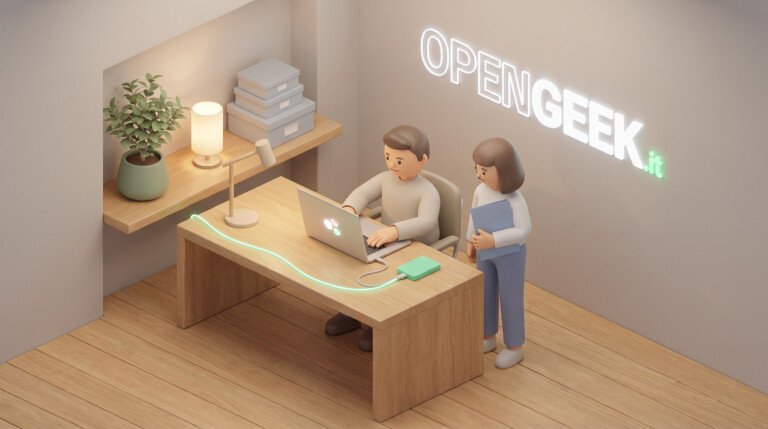 Illustrazione 3D di un uomo al laptop collegato a un hard disk esterno su una scrivania.